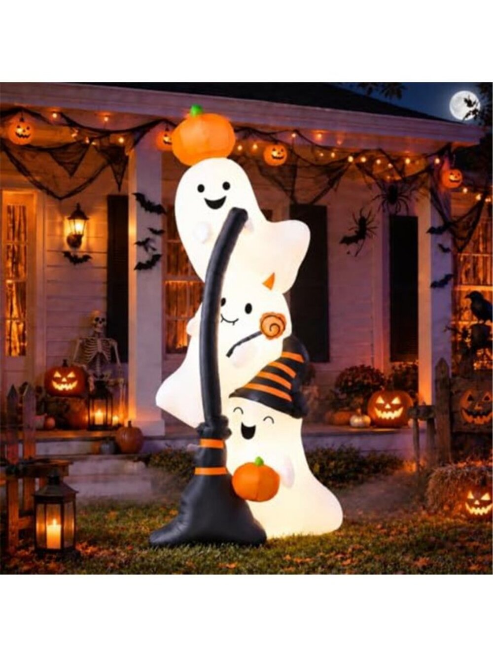 Halloween Inflatable Ghost, 7 ft Overlap Ghost with Pumpkin Witch Hat Broom